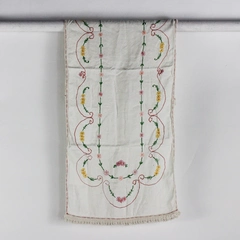 Vintage Floral Embroidered White Dresser Scarf 14" x 40" FLAWED