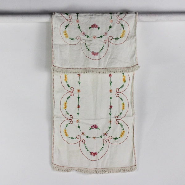 Vintage Floral Embroidered White Dresser Scarf 14" x 40" FLAWED