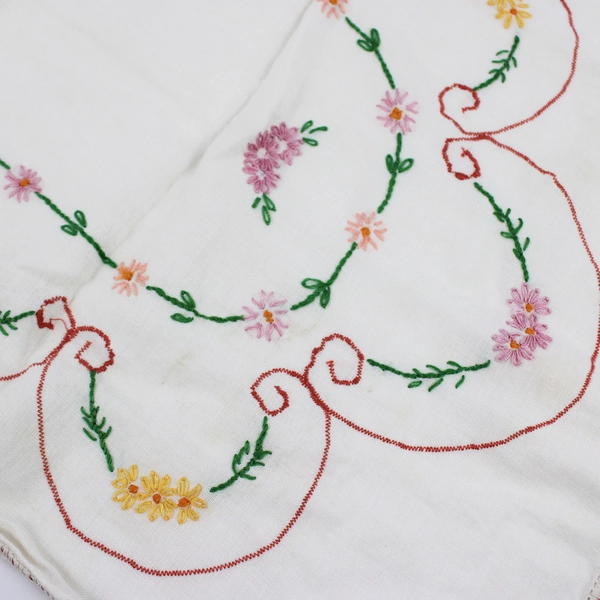 Vintage Floral Embroidered White Dresser Scarf 14" x 40" FLAWED