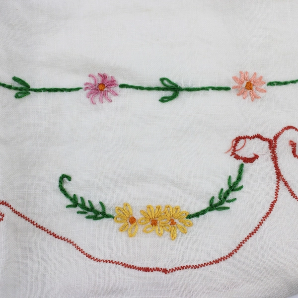 Vintage Floral Embroidered White Dresser Scarf 14" x 40" FLAWED