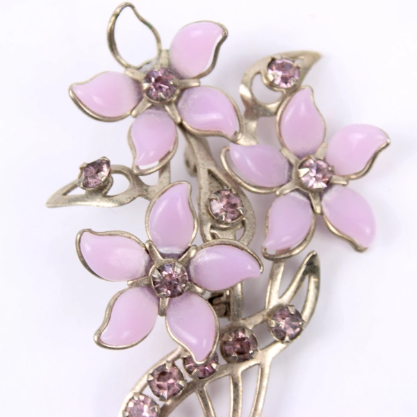 Vintage Lavender Enamel And Rhinestone Floral Bouquet Brooch 3 Inch