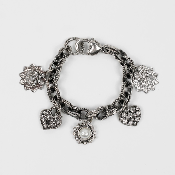 Women's Silver Tone Charm Bracelet with Hearts & Rhinestones 6" Long