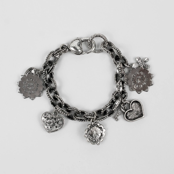 Women's Silver Tone Charm Bracelet with Hearts & Rhinestones 6" Long