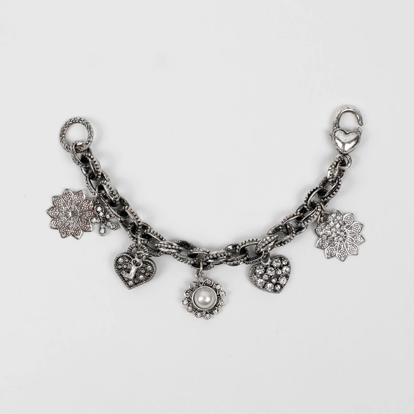 Women's Silver Tone Charm Bracelet with Hearts & Rhinestones 6" Long