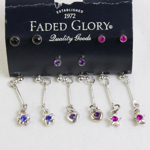 Set of 6 Faded Glory Girls Jewelry Pierced Earrings Metal Hypo Allergenic