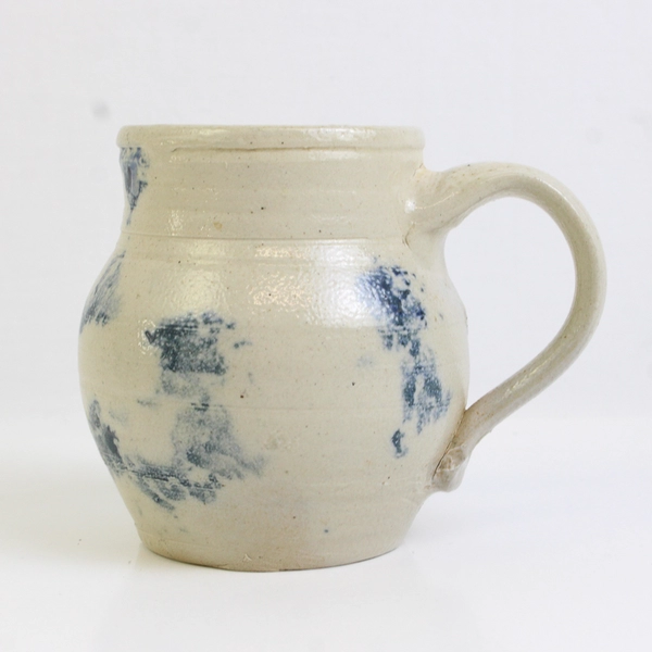 Signed Handmade Studio Pottery Off-White and Blue Splotch Fat Bottom Mug