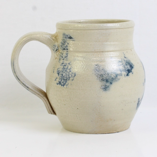 Signed Handmade Studio Pottery Off-White and Blue Splotch Fat Bottom Mug
