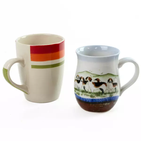 Lot of 2 Royal Norfolk Coffee Mugs Red-Orange Green Stripe & Dog Theme