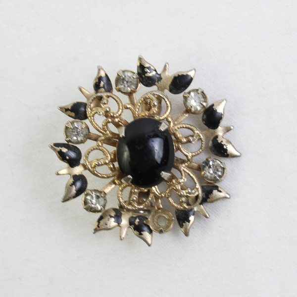 Vintage Gold Tone Starburst Brooch Clear Rhinestone Black Stone