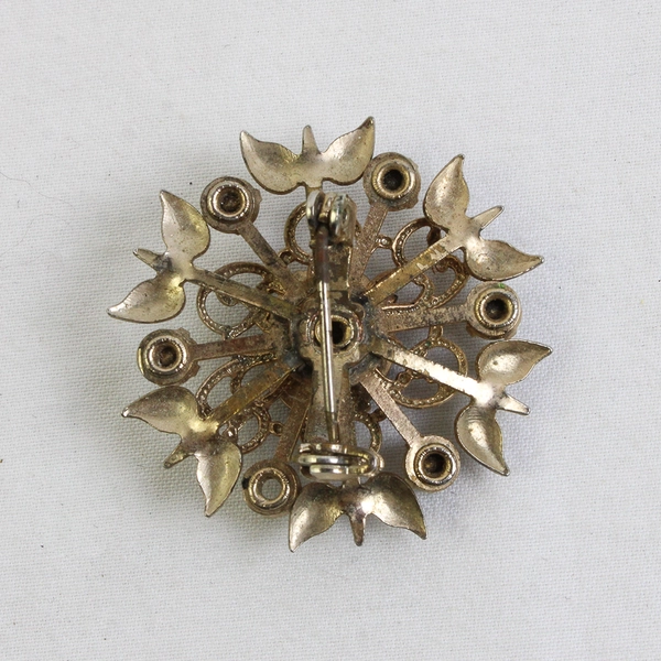 Vintage Gold Tone Starburst Brooch Clear Rhinestone Black Stone