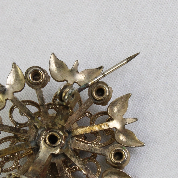 Vintage Gold Tone Starburst Brooch Clear Rhinestone Black Stone