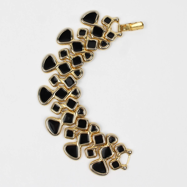 Vintage Black Enamel Bracelet Gold-Toned