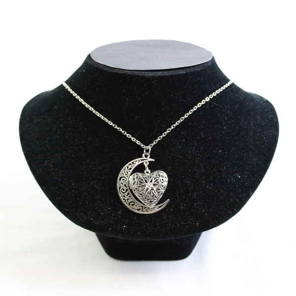 Silver Tone Heart Shaped Locket Crescent Moon Necklace Filigree Details