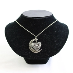 Silver Tone Heart Shaped Locket Crescent Moon Necklace Filigree Details