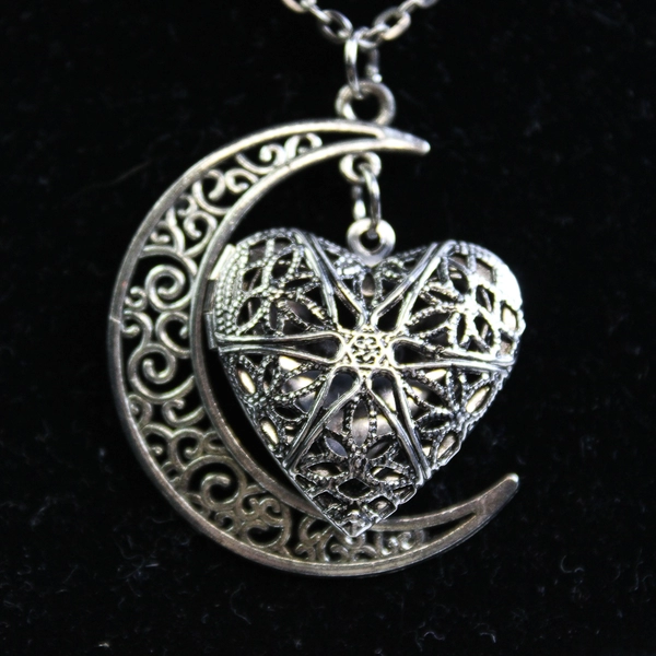 Silver Tone Heart Shaped Locket Crescent Moon Necklace Filigree Details