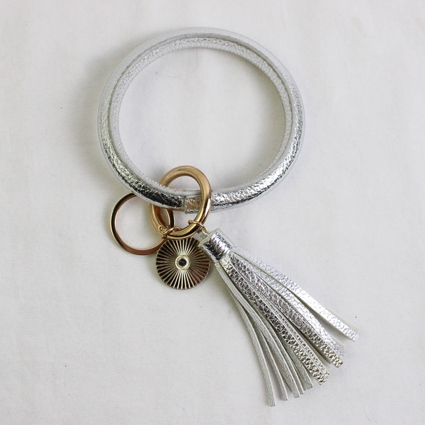 Silver Faux Leather Wristlet Bangle Keychain Women's Bracelet Key Ring Tassel