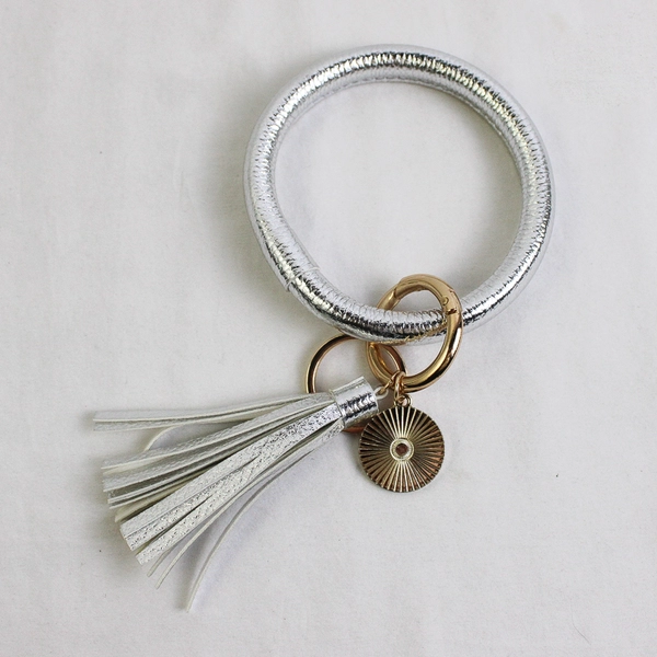 Silver Faux Leather Wristlet Bangle Keychain Women's Bracelet Key Ring Tassel