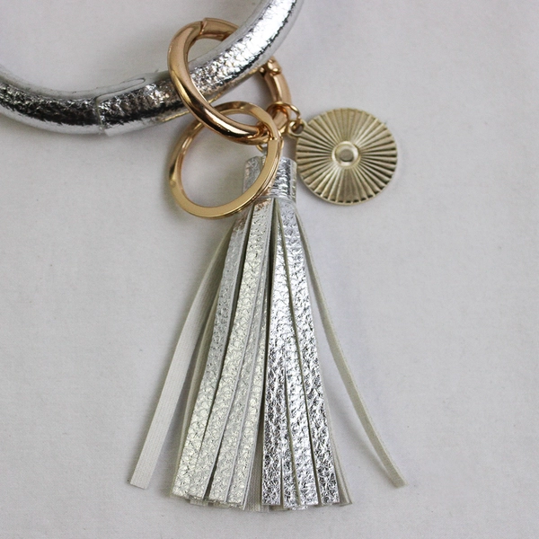 Silver Faux Leather Wristlet Bangle Keychain Women's Bracelet Key Ring Tassel