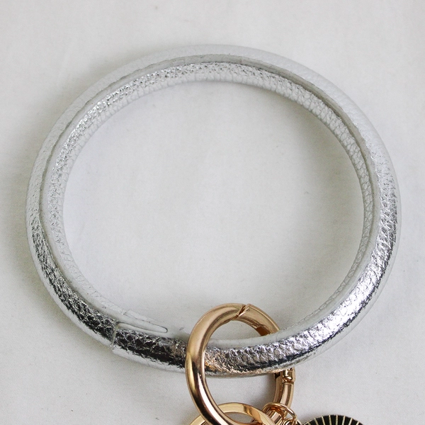 Silver Faux Leather Wristlet Bangle Keychain Women's Bracelet Key Ring Tassel