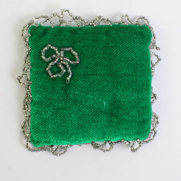 Vintage Handmade Beaded Clover Green Velvet Pincushion 3.5"