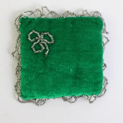 Vintage Handmade Beaded Clover Green Velvet Pincushion 3.5"