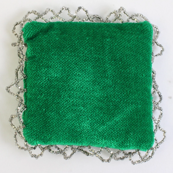 Vintage Handmade Beaded Clover Green Velvet Pincushion 3.5"