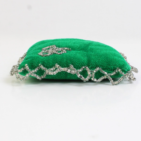 Vintage Handmade Beaded Clover Green Velvet Pincushion 3.5"