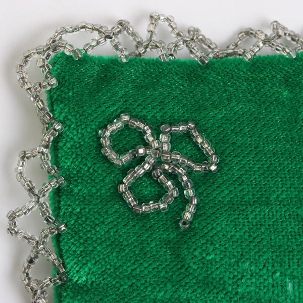 Vintage Handmade Beaded Clover Green Velvet Pincushion 3.5"