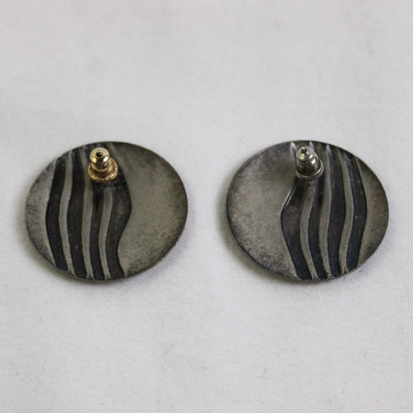 Vintage Silver Tone Round Earrings Abstract Wave Design