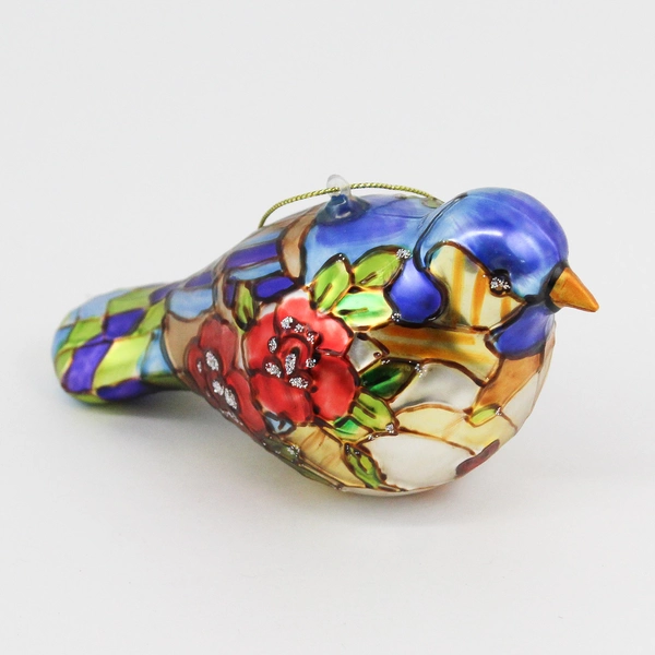 Blue Mercury Glass Bird Hanging Christmas Ornament With Red Flowers
