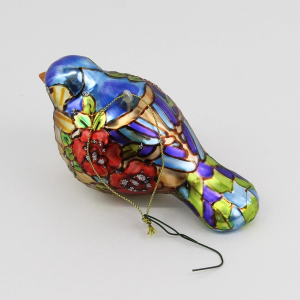 Blue Mercury Glass Bird Hanging Christmas Ornament With Red Flowers