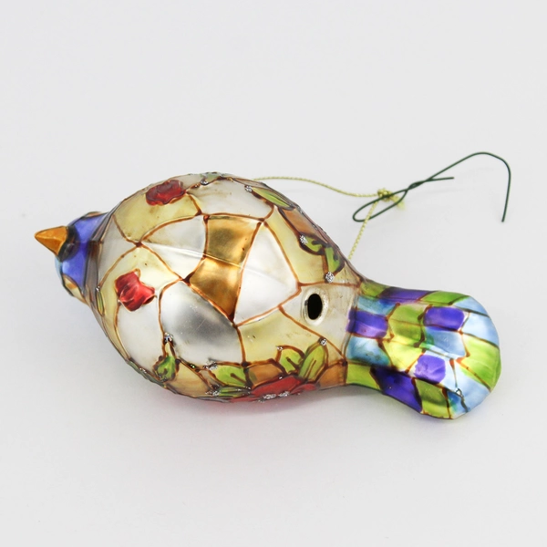 Blue Mercury Glass Bird Hanging Christmas Ornament With Red Flowers