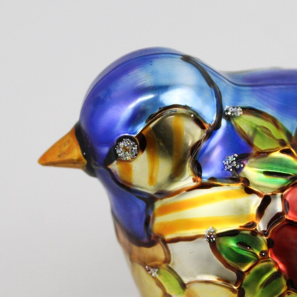 Blue Mercury Glass Bird Hanging Christmas Ornament With Red Flowers