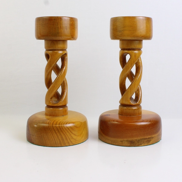 Set of 2 Hand-Carved Open Barley Twist Wooden Pillar Candle Holders 9-3/4"