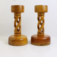 Set of 2 Hand-Carved Open Barley Twist Wooden Pillar Candle Holders 9-3/4"