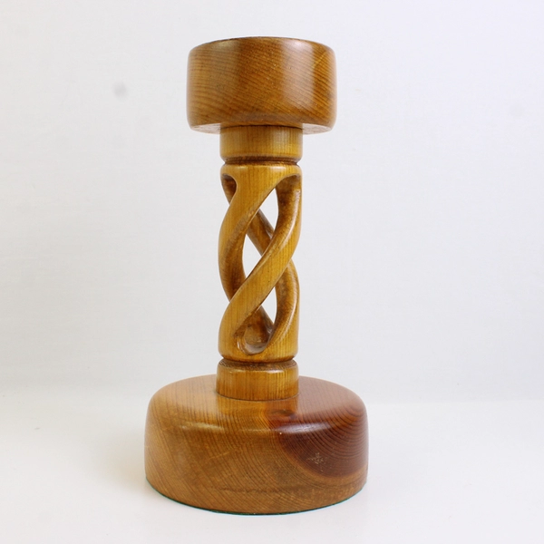 Set of 2 Hand-Carved Open Barley Twist Wooden Pillar Candle Holders 9-3/4"