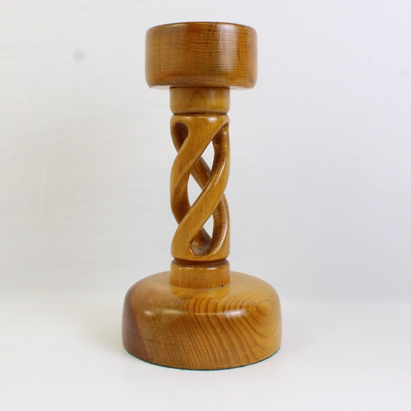 Set of 2 Hand-Carved Open Barley Twist Wooden Pillar Candle Holders 9-3/4"
