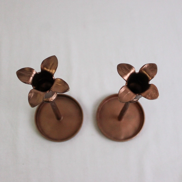 Set of 2 Copper Color Flower Taper Candle Holders 8"