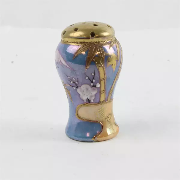 Vintage Japanese Lusterware Salt Shaker Blue with Gold Bamboo 2.75"
