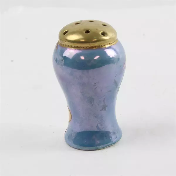 Vintage Japanese Lusterware Salt Shaker Blue with Gold Bamboo 2.75"