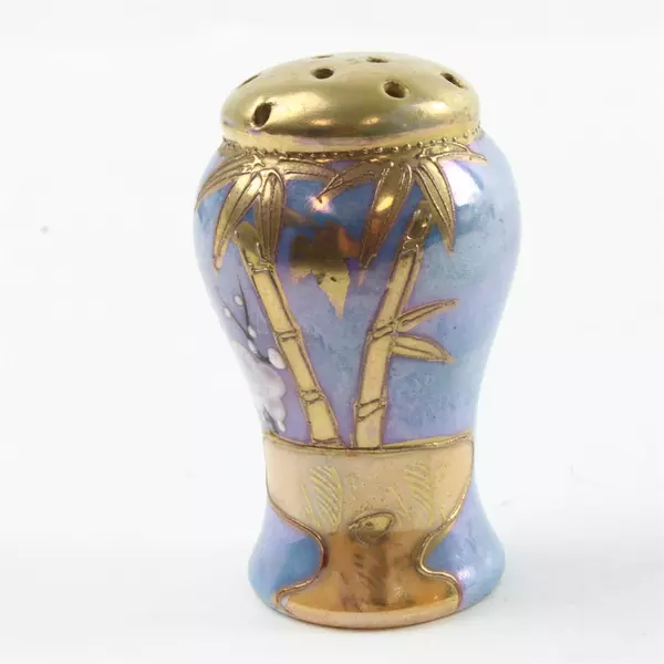 Vintage Japanese Lusterware Salt Shaker Blue with Gold Bamboo 2.75"