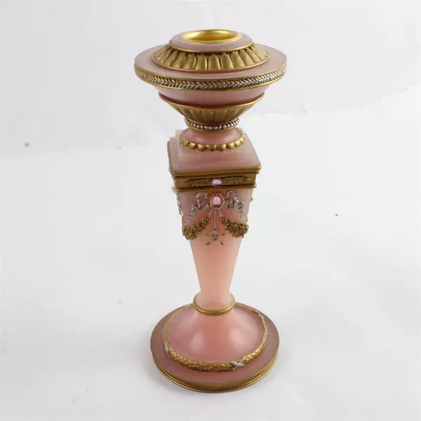 Pink Frosted Resin Victorian Style Gilded Candle Holder 7.25"