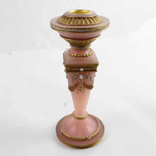 Pink Frosted Resin Victorian Style Gilded Candle Holder 7.25"