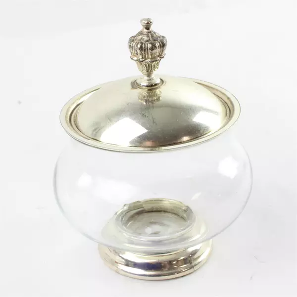 Vintage Clear Glass Sugar Bowl Silver-plated Rim Knob 5.25" Tall