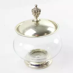 Vintage Clear Glass Sugar Bowl Silver-plated Rim Knob 5.25" Tall