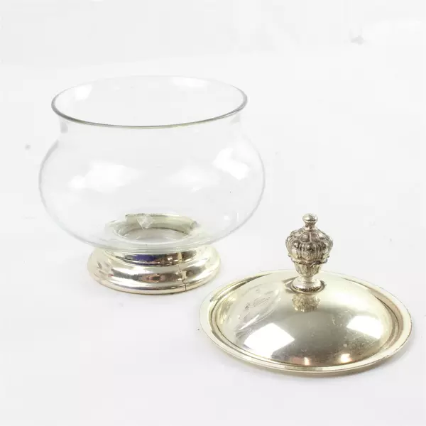 Vintage Clear Glass Sugar Bowl Silver-plated Rim Knob 5.25" Tall