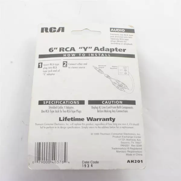 RCA AH201 Audio RCA Y Adaptor