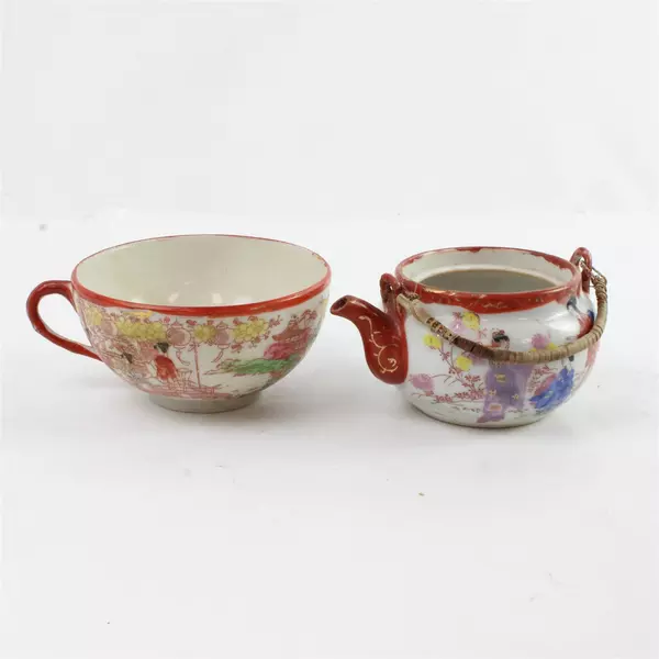 Vintage Japanese Hand-Painted Teapot & Matching Teacup Traditional Motifs