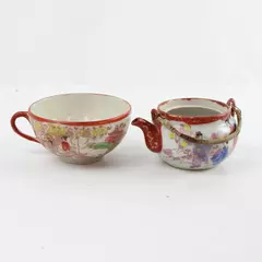 Vintage Japanese Hand-Painted Teapot & Matching Teacup Traditional Motifs