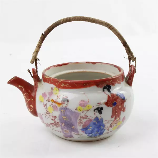 Vintage Japanese Hand-Painted Teapot & Matching Teacup Traditional Motifs